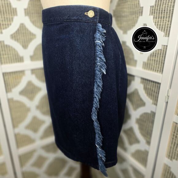 Dreams Vintage 90's Vertical Raw Edge Wrap Jean Skirt Size 10 - Picture 2 of 10
